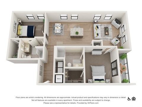 Floor plan for 2 beds, 2 baths, 1243 sqft